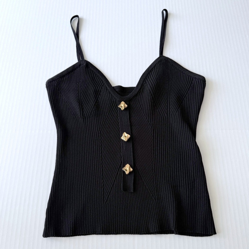 SHEIN Black Camisole Top Womens Size M Ribbed Knit Gold Button V-Neck Cami